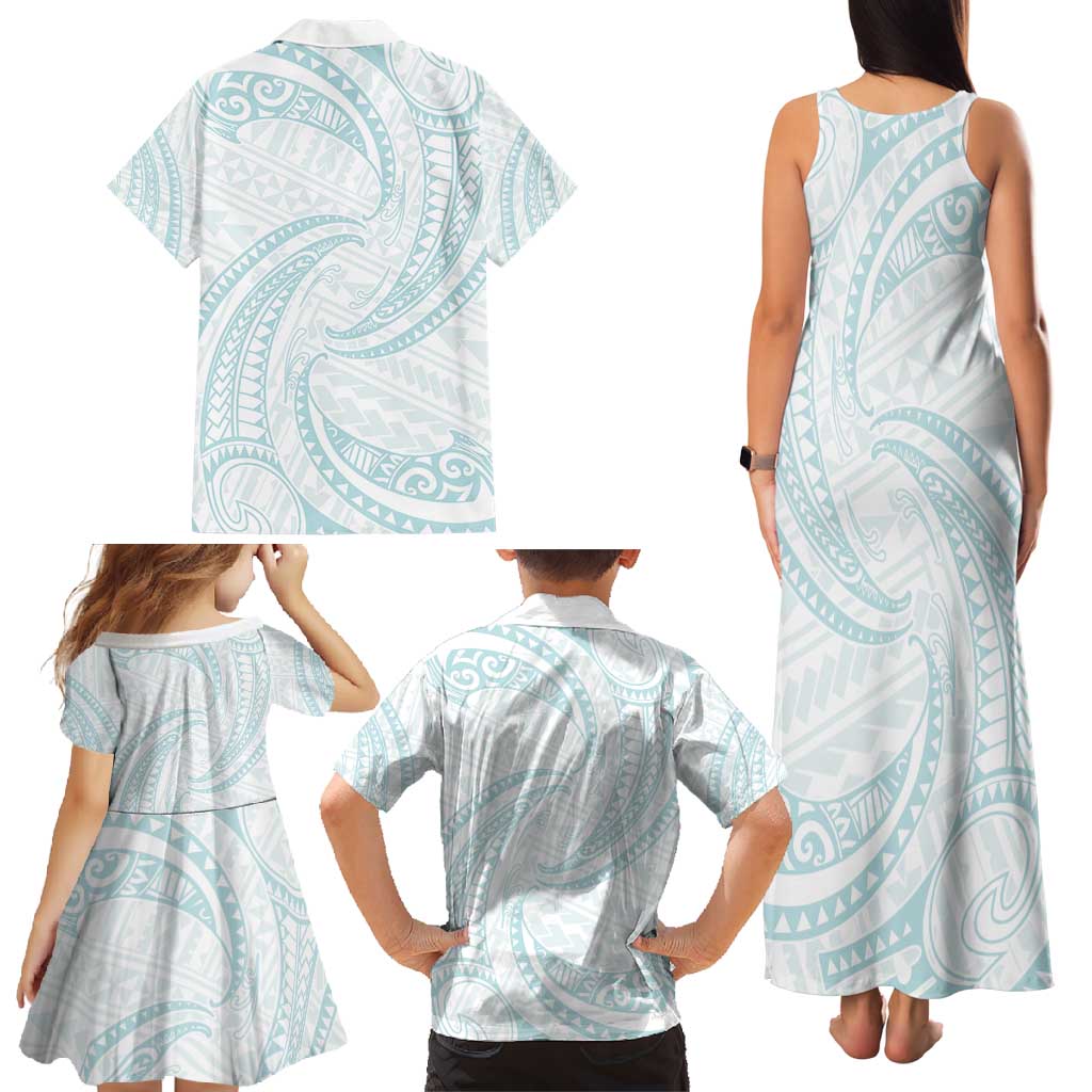 White Sunday Lotu Tamaiti Family Matching Tank Maxi Dress and Hawaiian Shirt Polynesian Wave Pastel Cyan - Polynesian Pride