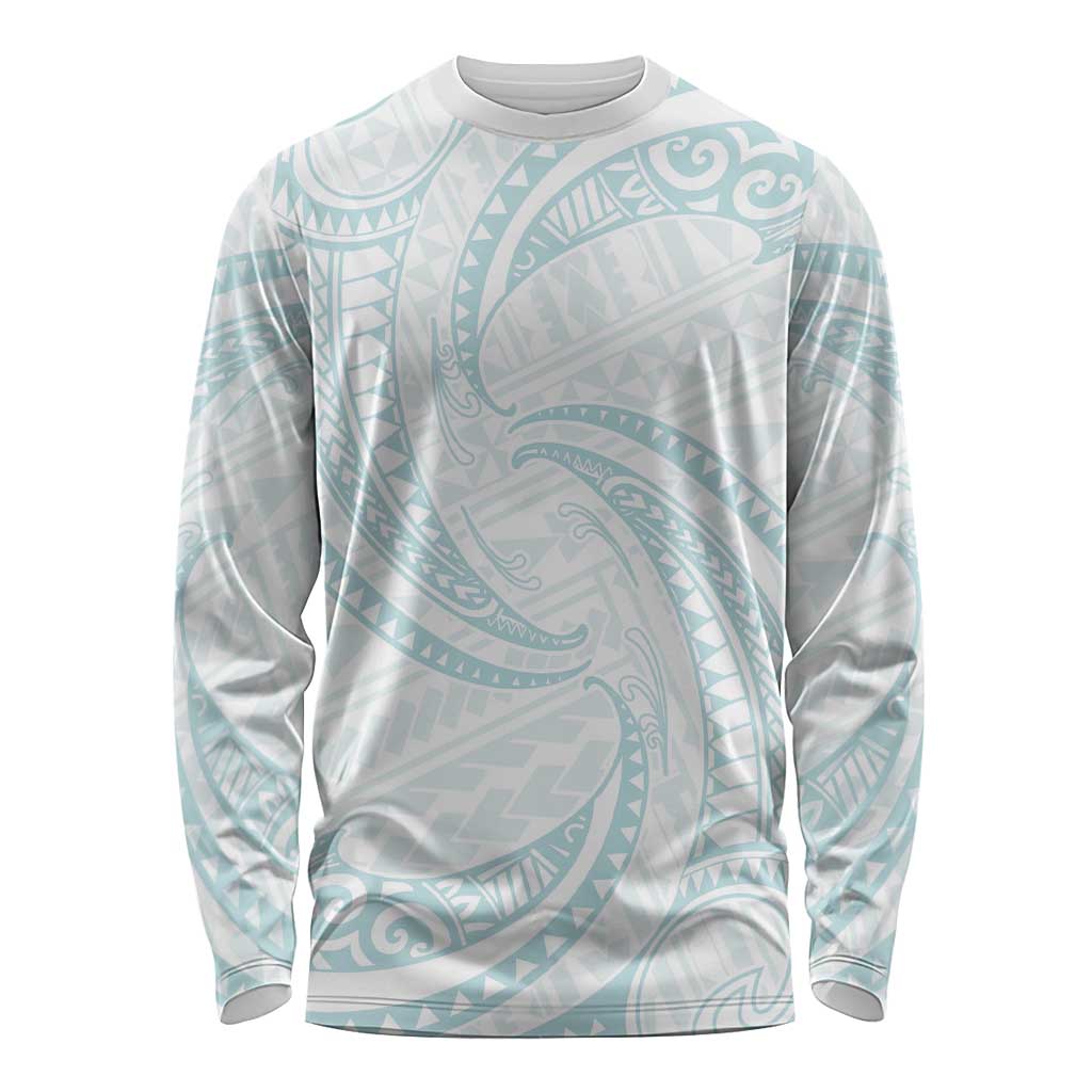 White Sunday Lotu Tamaiti Long Sleeve Shirt Polynesian Wave Pastel Cyan - Polynesian Pride