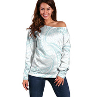 White Sunday Lotu Tamaiti Off Shoulder Sweater Polynesian Wave Pastel Cyan - Polynesian Pride