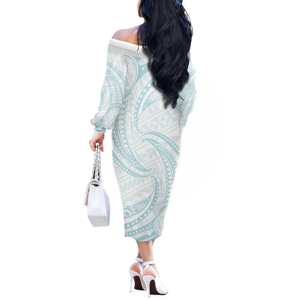 White Sunday Lotu Tamaiti Off The Shoulder Long Sleeve Dress Polynesian Wave Pastel Cyan - Polynesian Pride