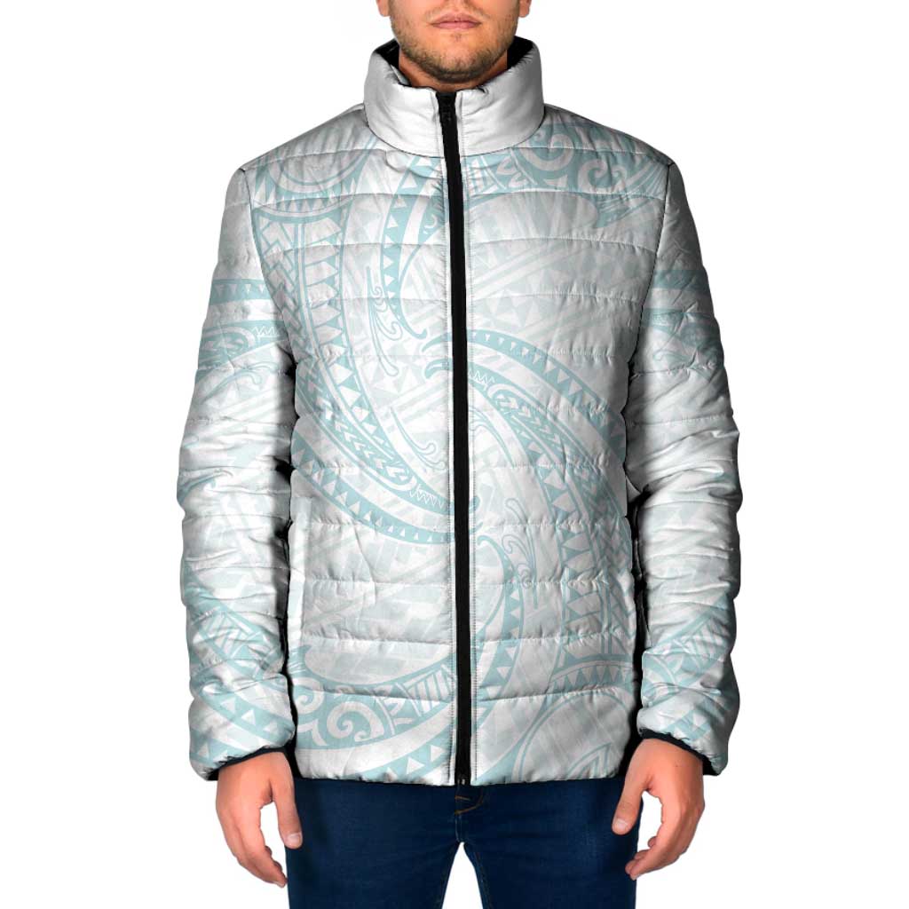 White Sunday Lotu Tamaiti Padded Jacket Polynesian Wave Pastel Cyan - Polynesian Pride