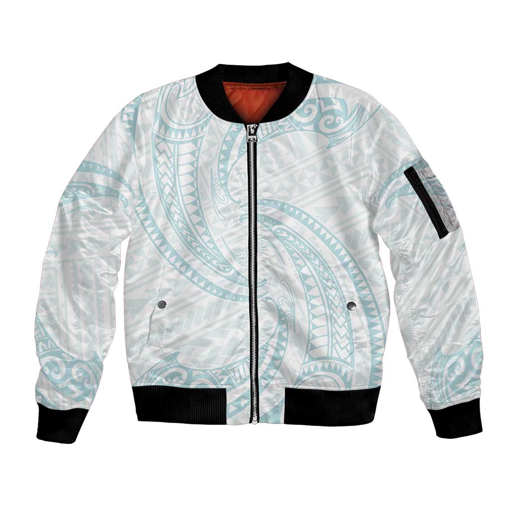 White Sunday Lotu Tamaiti Sleeve Zip Bomber Jacket Polynesian Wave Pastel Cyan - Polynesian Pride