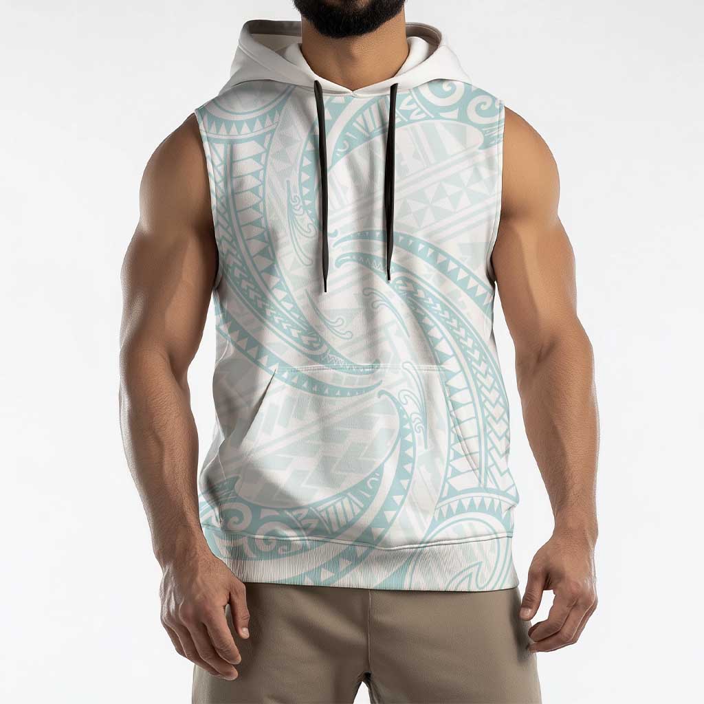 White Sunday Lotu Tamaiti Sleeveless Hoodie Polynesian Wave Pastel Cyan - Polynesian Pride