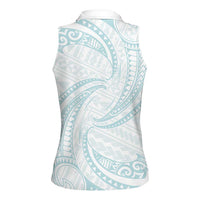 White Sunday Lotu Tamaiti Women Sleeveless Polo Shirt Polynesian Wave Pastel Cyan - Polynesian Pride