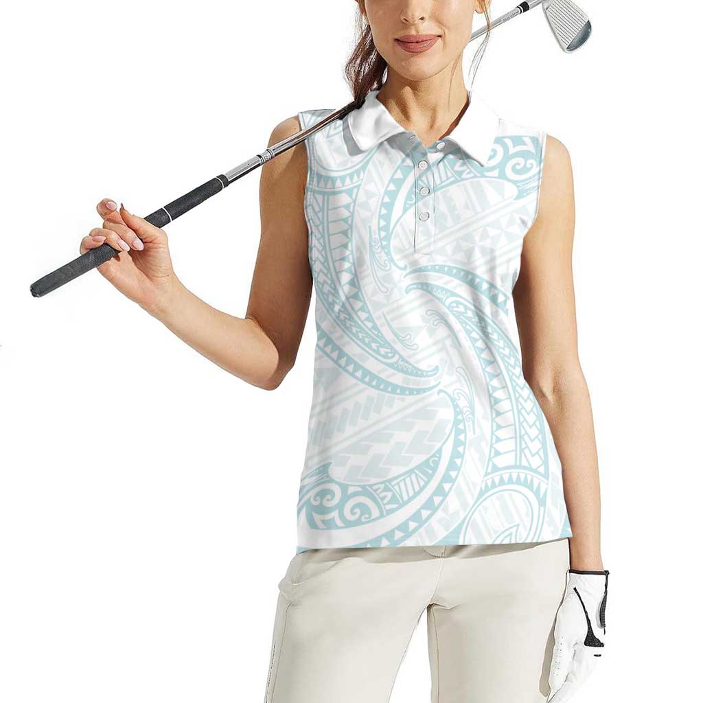 White Sunday Lotu Tamaiti Women Sleeveless Polo Shirt Polynesian Wave Pastel Cyan - Polynesian Pride
