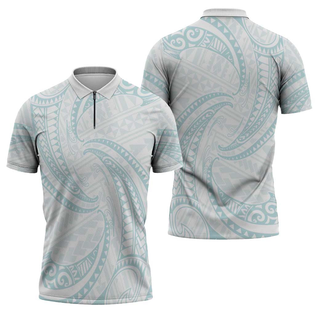 White Sunday Lotu Tamaiti Zipper Polo Shirt Polynesian Wave Pastel Cyan - Polynesian Pride