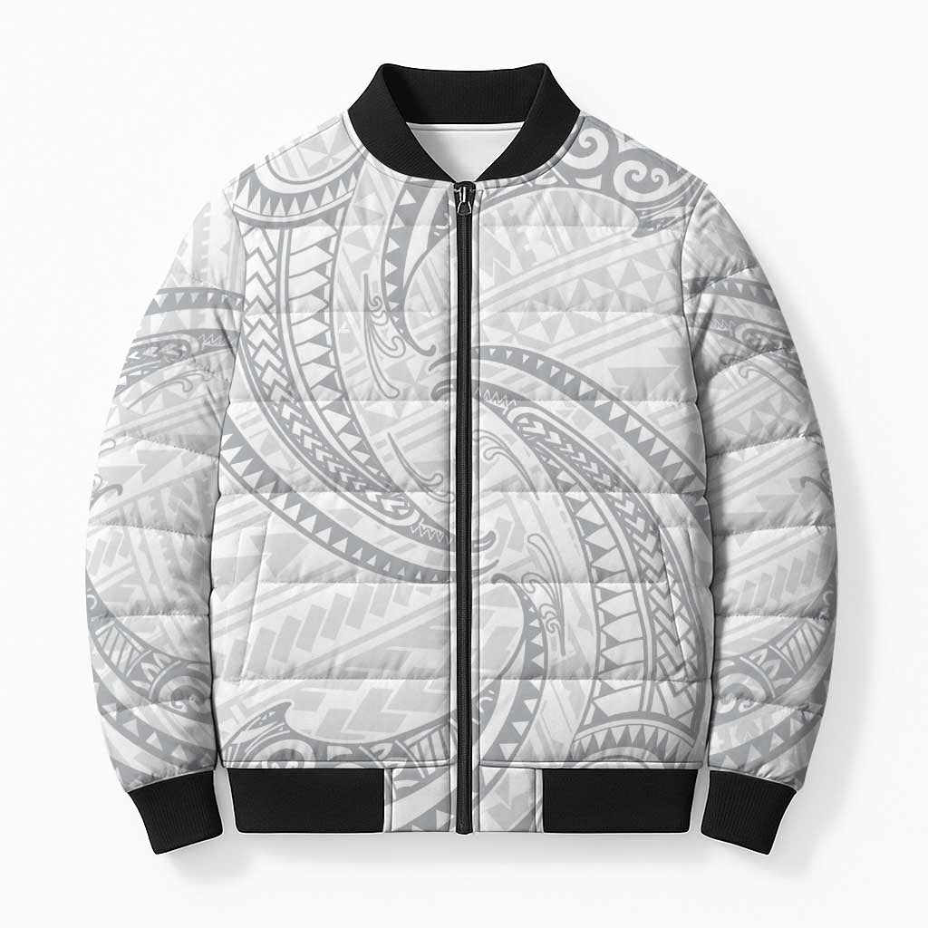 White Sunday Lotu Tamaiti Bomber Puffer Jacket Polynesian Wave Pastel Gray - Polynesian Pride