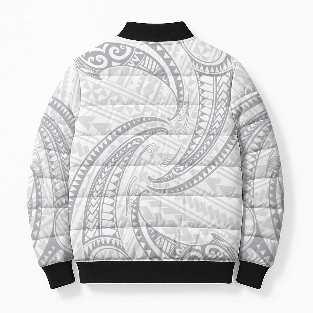 White Sunday Lotu Tamaiti Bomber Puffer Jacket Polynesian Wave Pastel Gray - Polynesian Pride