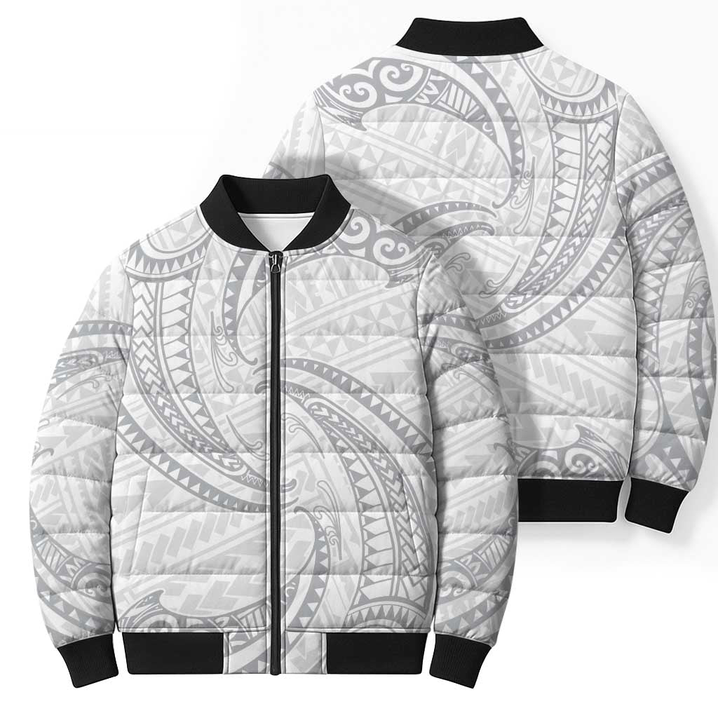 White Sunday Lotu Tamaiti Bomber Puffer Jacket Polynesian Wave Pastel Gray - Polynesian Pride