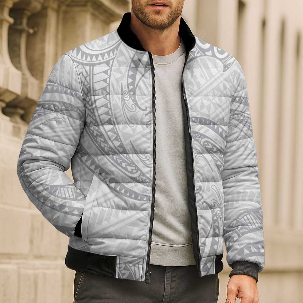 White Sunday Lotu Tamaiti Bomber Puffer Jacket Polynesian Wave Pastel Gray - Polynesian Pride