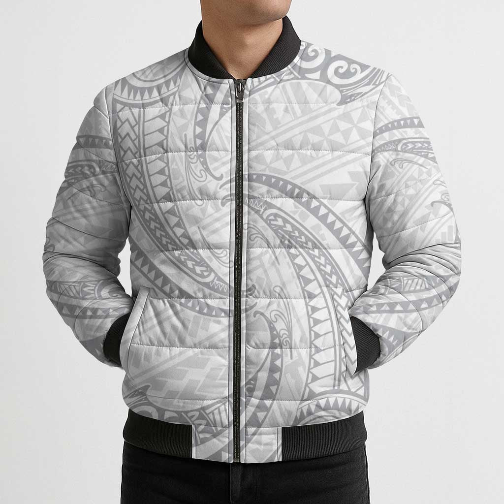 White Sunday Lotu Tamaiti Bomber Puffer Jacket Polynesian Wave Pastel Gray - Polynesian Pride