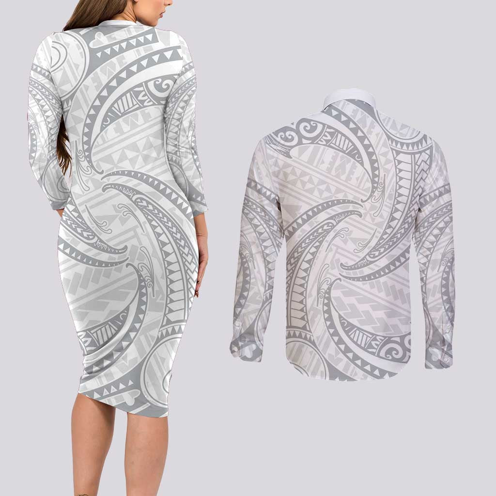 White Sunday Lotu Tamaiti Couples Matching Long Sleeve Bodycon Dress and Long Sleeve Button Shirt Polynesian Wave Pastel Gray - Polynesian Pride