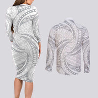 White Sunday Lotu Tamaiti Couples Matching Long Sleeve Bodycon Dress and Long Sleeve Button Shirt Polynesian Wave Pastel Gray - Polynesian Pride