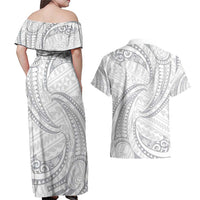 White Sunday Lotu Tamaiti Couples Matching Off Shoulder Maxi Dress and Hawaiian Shirt Polynesian Wave Pastel Gray - Polynesian Pride