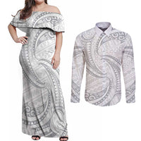 White Sunday Lotu Tamaiti Couples Matching Off Shoulder Maxi Dress and Long Sleeve Button Shirt Polynesian Wave Pastel Gray - Polynesian Pride