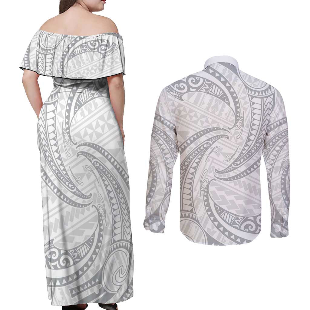 White Sunday Lotu Tamaiti Couples Matching Off Shoulder Maxi Dress and Long Sleeve Button Shirt Polynesian Wave Pastel Gray - Polynesian Pride
