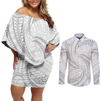 White Sunday Lotu Tamaiti Couples Matching Off Shoulder Short Dress and Long Sleeve Button Shirt Polynesian Wave Pastel Gray - Polynesian Pride
