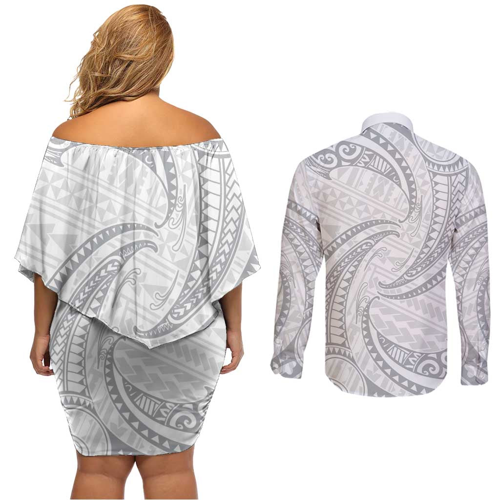White Sunday Lotu Tamaiti Couples Matching Off Shoulder Short Dress and Long Sleeve Button Shirt Polynesian Wave Pastel Gray - Polynesian Pride