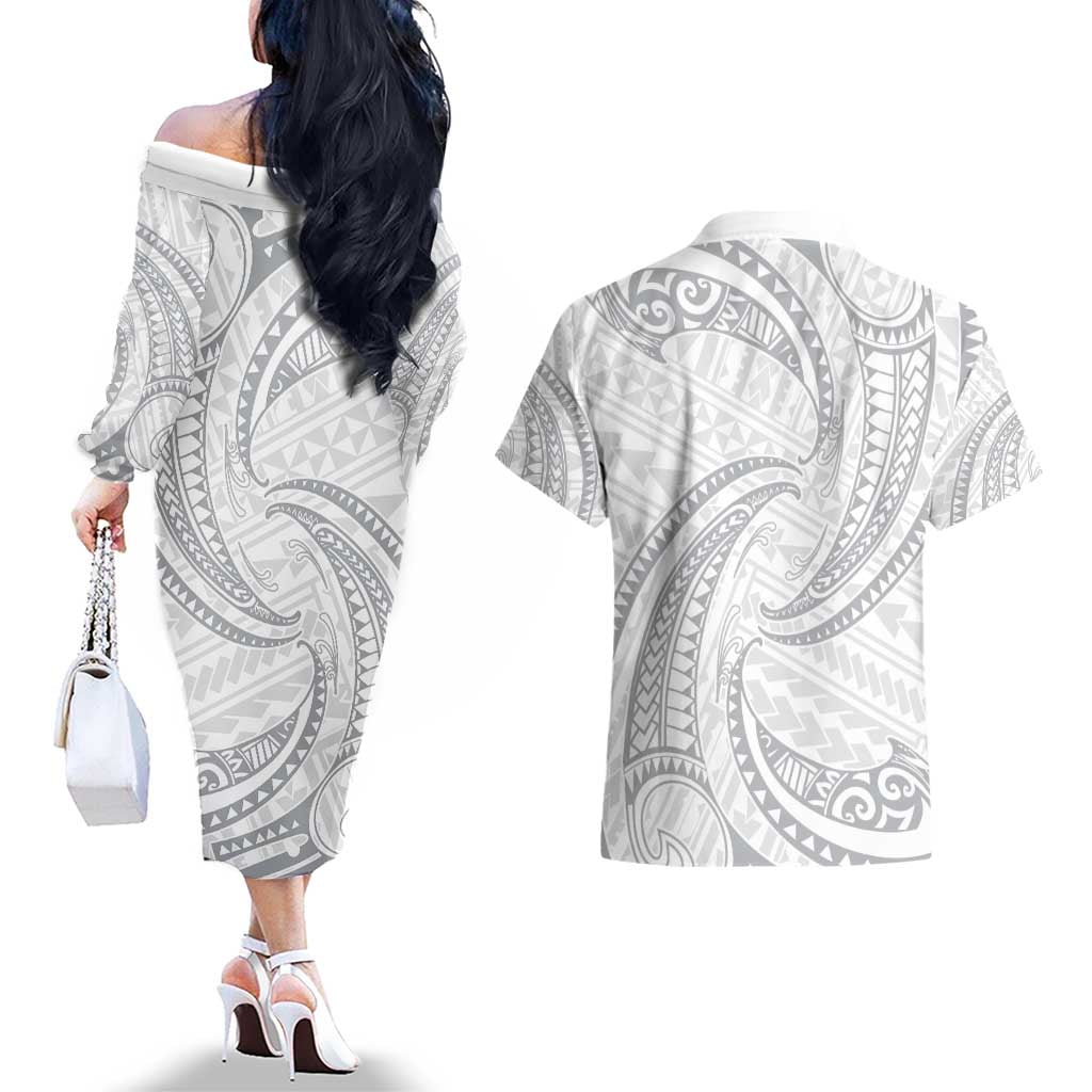 White Sunday Lotu Tamaiti Couples Matching Off The Shoulder Long Sleeve Dress and Hawaiian Shirt Polynesian Wave Pastel Gray - Polynesian Pride