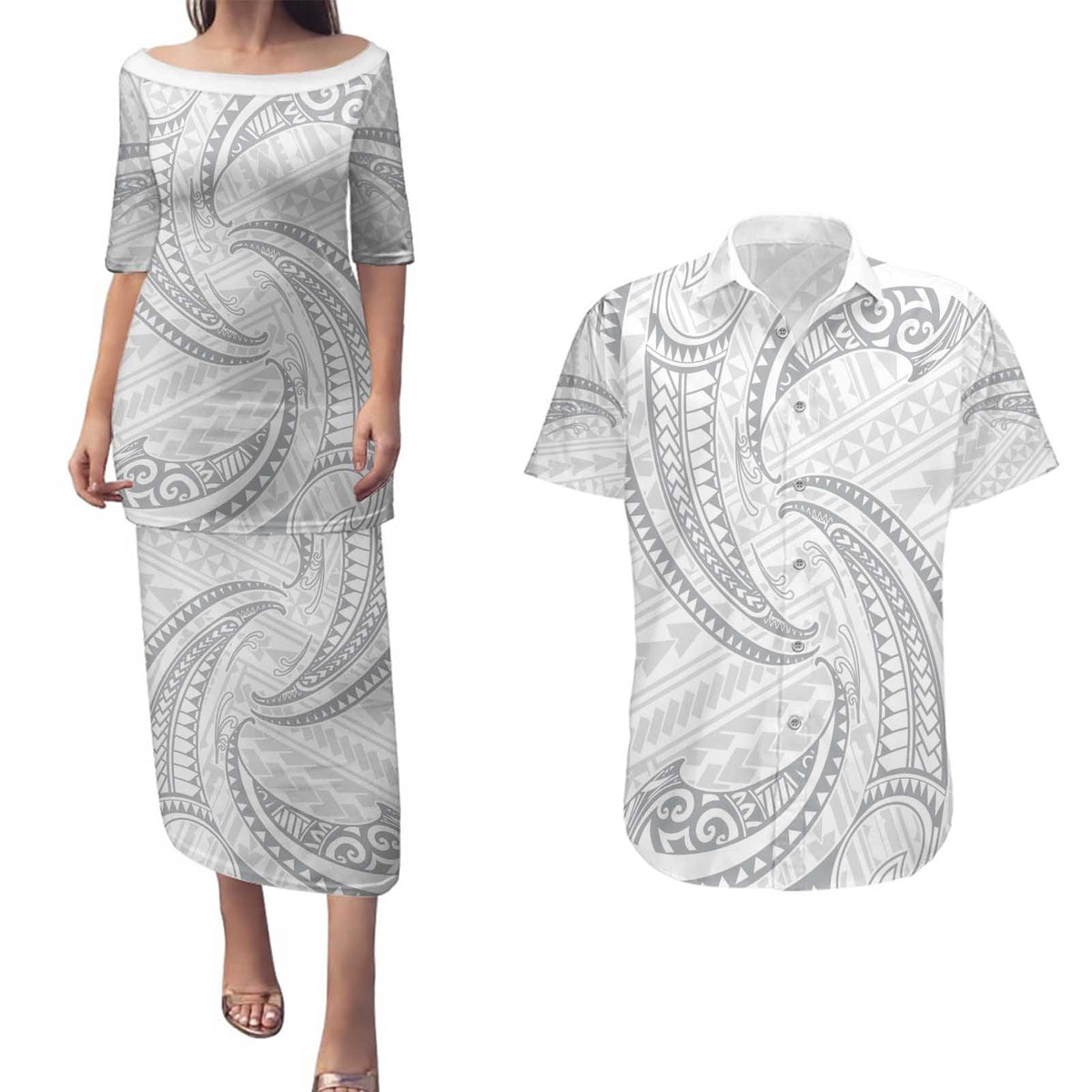 White Sunday Lotu Tamaiti Couples Matching Puletasi and Hawaiian Shirt Polynesian Wave Pastel Gray - Polynesian Pride