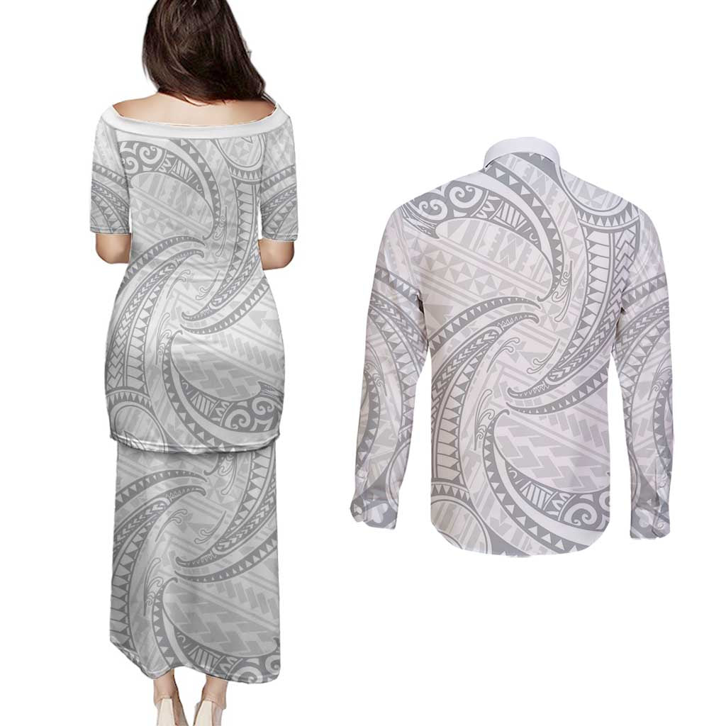White Sunday Lotu Tamaiti Couples Matching Puletasi and Long Sleeve Button Shirt Polynesian Wave Pastel Gray - Polynesian Pride