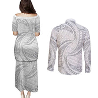 White Sunday Lotu Tamaiti Couples Matching Puletasi and Long Sleeve Button Shirt Polynesian Wave Pastel Gray - Polynesian Pride