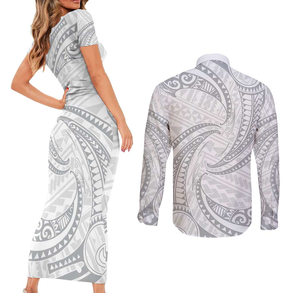 White Sunday Lotu Tamaiti Couples Matching Short Sleeve Bodycon Dress and Long Sleeve Button Shirt Polynesian Wave Pastel Gray - Polynesian Pride