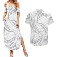 White Sunday Lotu Tamaiti Couples Matching Summer Maxi Dress and Hawaiian Shirt Polynesian Wave Pastel Gray - Polynesian Pride