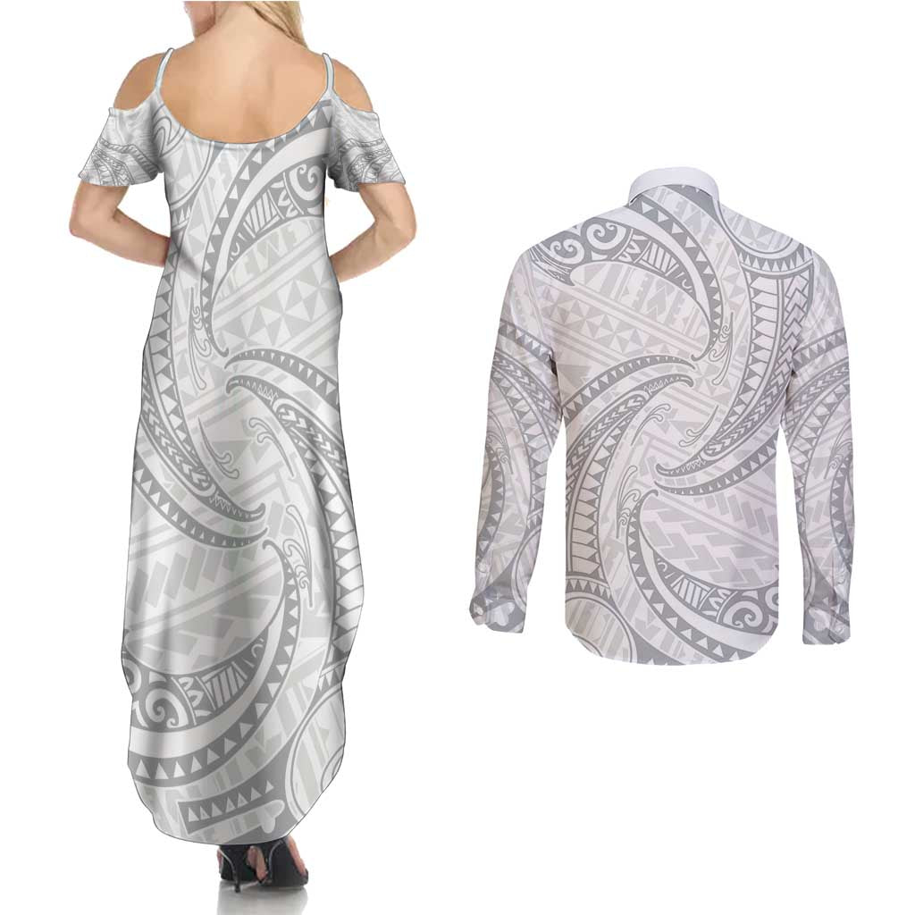 White Sunday Lotu Tamaiti Couples Matching Summer Maxi Dress and Long Sleeve Button Shirt Polynesian Wave Pastel Gray - Polynesian Pride