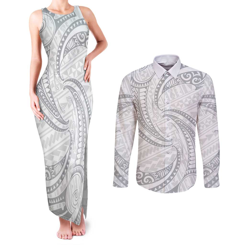 White Sunday Lotu Tamaiti Couples Matching Tank Maxi Dress and Long Sleeve Button Shirt Polynesian Wave Pastel Gray - Polynesian Pride
