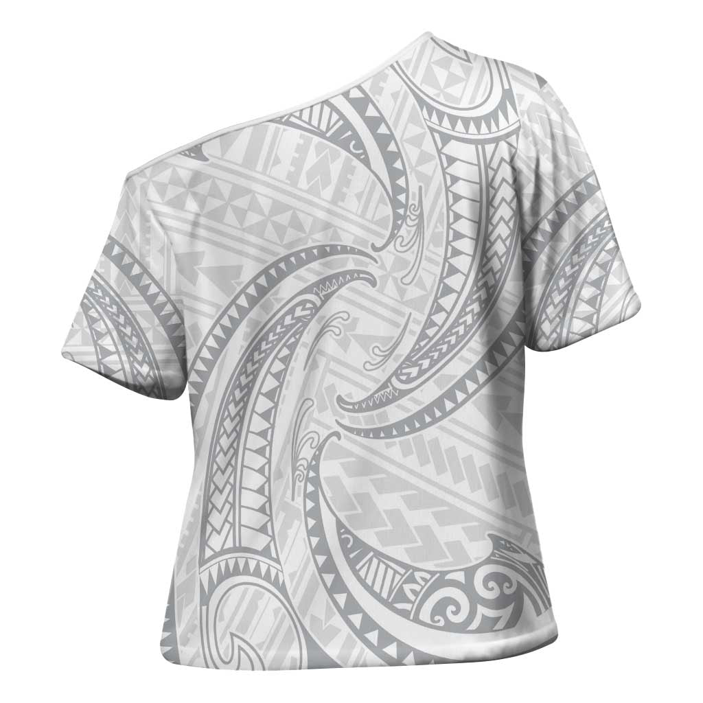 White Sunday Lotu Tamaiti Cross Shoulder Shirt Polynesian Wave Pastel Gray - Polynesian Pride