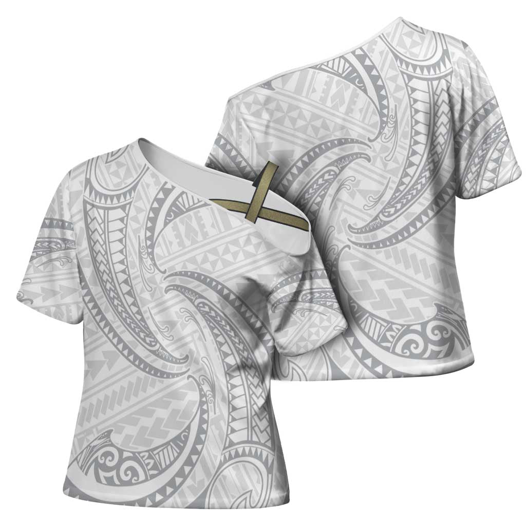 White Sunday Lotu Tamaiti Cross Shoulder Shirt Polynesian Wave Pastel Gray - Polynesian Pride