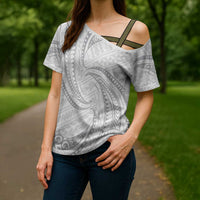 White Sunday Lotu Tamaiti Cross Shoulder Shirt Polynesian Wave Pastel Gray - Polynesian Pride