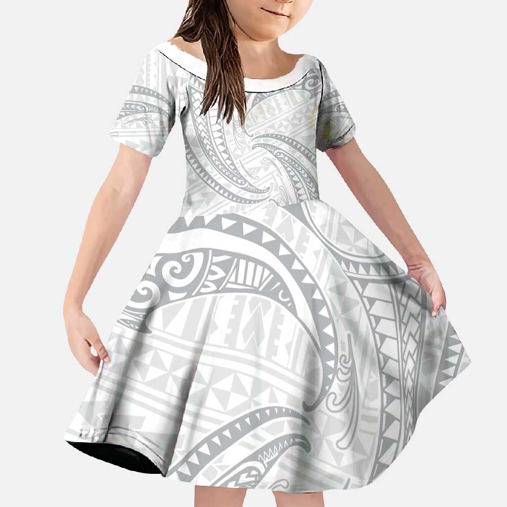 White Sunday Lotu Tamaiti Family Matching Long Sleeve Bodycon Dress and Hawaiian Shirt Polynesian Wave Pastel Gray - Polynesian Pride