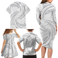 White Sunday Lotu Tamaiti Family Matching Long Sleeve Bodycon Dress and Hawaiian Shirt Polynesian Wave Pastel Gray - Polynesian Pride
