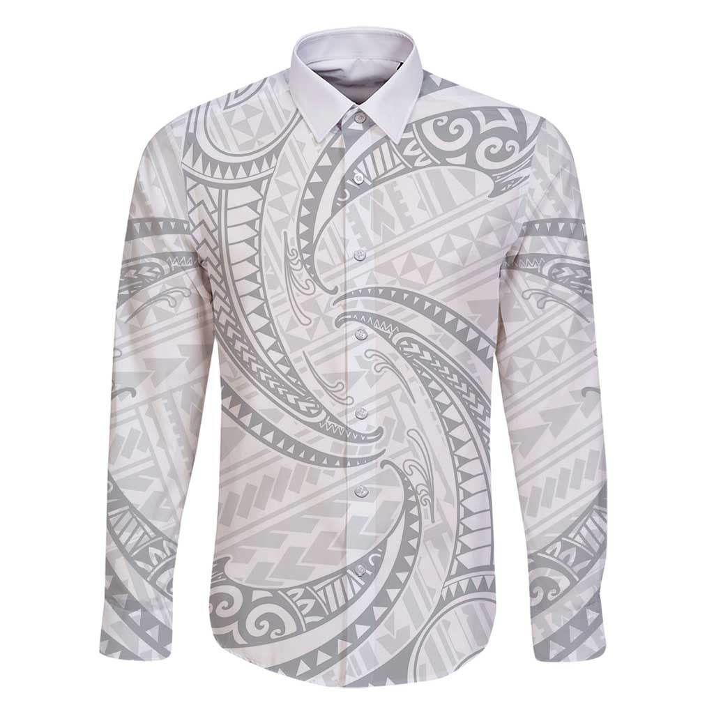 White Sunday Lotu Tamaiti Family Matching Long Sleeve Bodycon Dress and Hawaiian Shirt Polynesian Wave Pastel Gray - Polynesian Pride