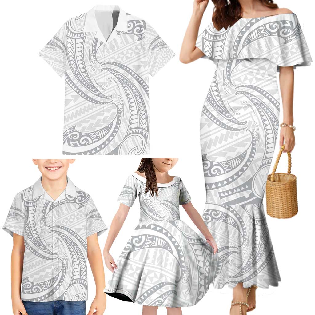 White Sunday Lotu Tamaiti Family Matching Mermaid Dress and Hawaiian Shirt Polynesian Wave Pastel Gray - Polynesian Pride