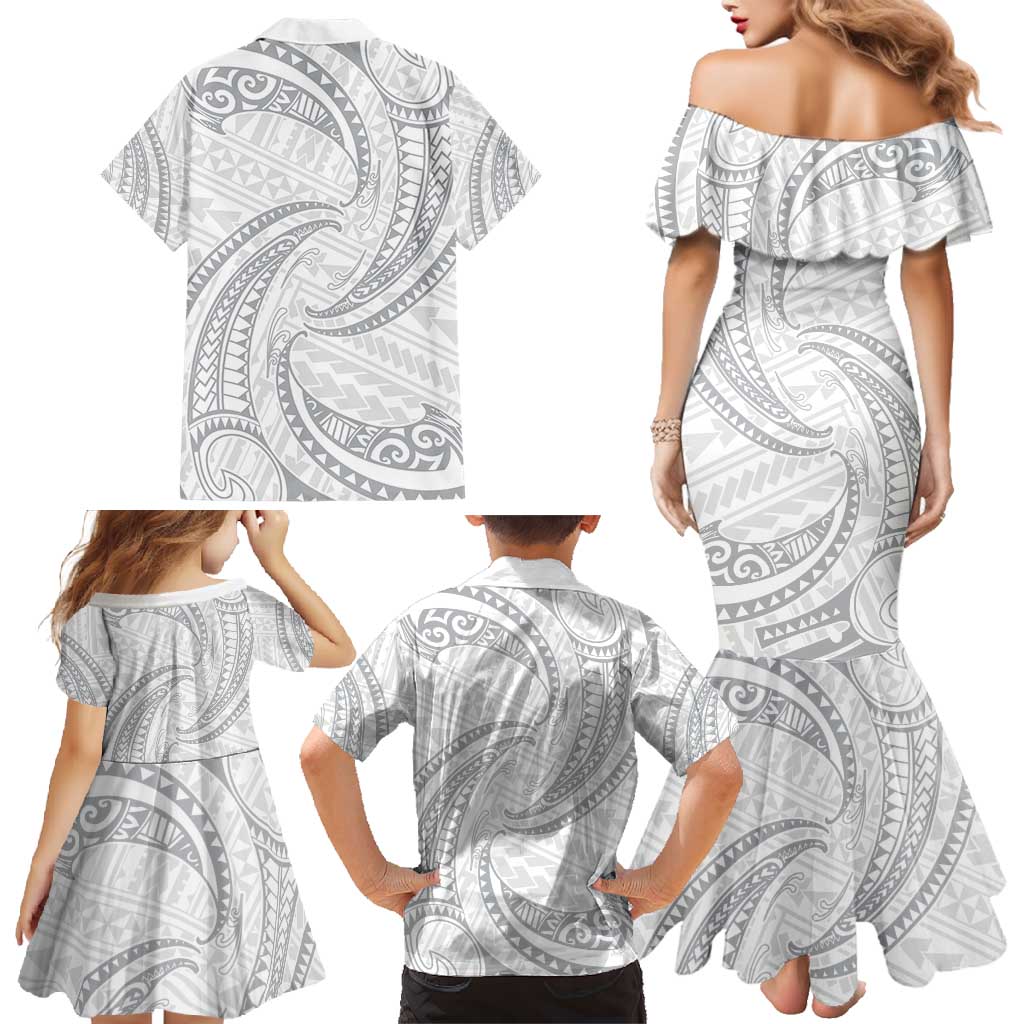 White Sunday Lotu Tamaiti Family Matching Mermaid Dress and Hawaiian Shirt Polynesian Wave Pastel Gray - Polynesian Pride