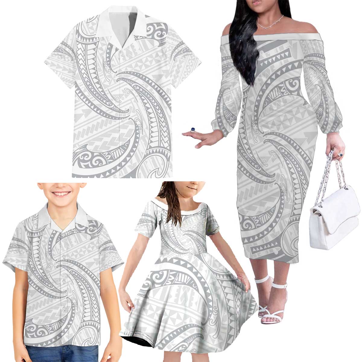 White Sunday Lotu Tamaiti Family Matching Off The Shoulder Long Sleeve Dress and Hawaiian Shirt Polynesian Wave Pastel Gray - Polynesian Pride