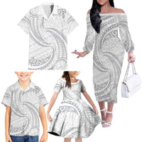 White Sunday Lotu Tamaiti Family Matching Off The Shoulder Long Sleeve Dress and Hawaiian Shirt Polynesian Wave Pastel Gray - Polynesian Pride