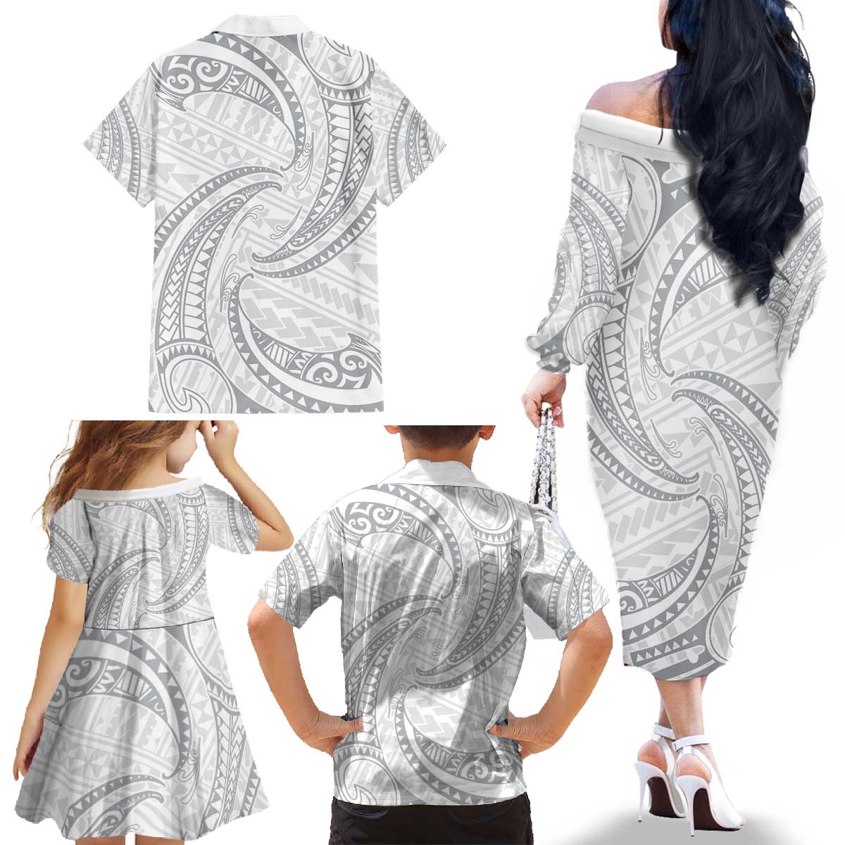 White Sunday Lotu Tamaiti Family Matching Off The Shoulder Long Sleeve Dress and Hawaiian Shirt Polynesian Wave Pastel Gray - Polynesian Pride