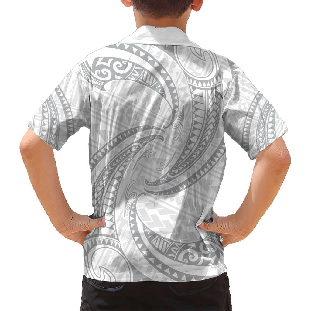 White Sunday Lotu Tamaiti Family Matching Off Shoulder Short Dress and Hawaiian Shirt Polynesian Wave Pastel Gray - Polynesian Pride