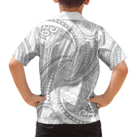 White Sunday Lotu Tamaiti Family Matching Off Shoulder Short Dress and Hawaiian Shirt Polynesian Wave Pastel Gray - Polynesian Pride