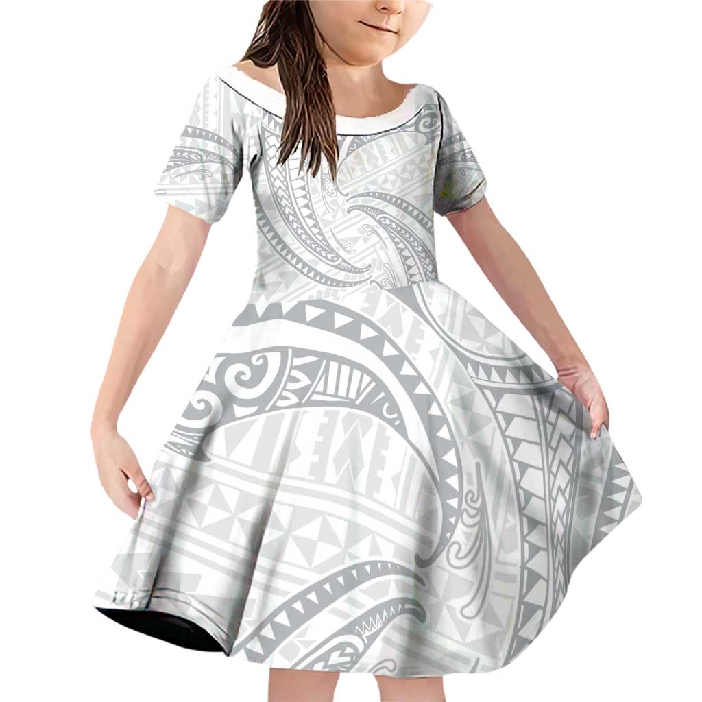 White Sunday Lotu Tamaiti Family Matching Off Shoulder Short Dress and Hawaiian Shirt Polynesian Wave Pastel Gray - Polynesian Pride