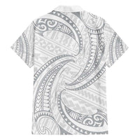 White Sunday Lotu Tamaiti Family Matching Off Shoulder Short Dress and Hawaiian Shirt Polynesian Wave Pastel Gray - Polynesian Pride