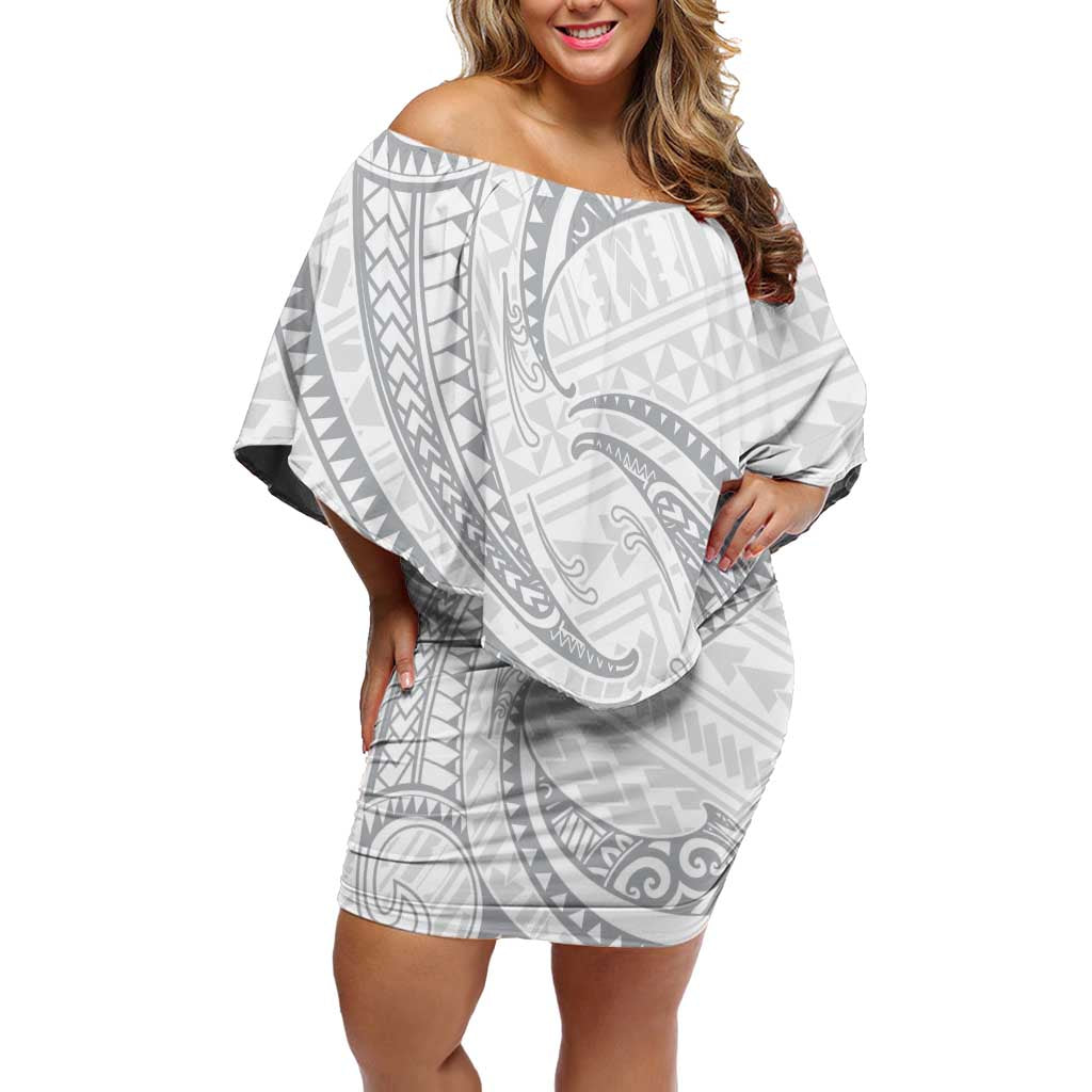 White Sunday Lotu Tamaiti Family Matching Off Shoulder Short Dress and Hawaiian Shirt Polynesian Wave Pastel Gray - Polynesian Pride