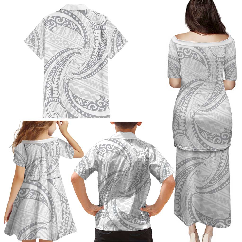 White Sunday Lotu Tamaiti Family Matching Puletasi and Hawaiian Shirt Polynesian Wave Pastel Gray - Polynesian Pride