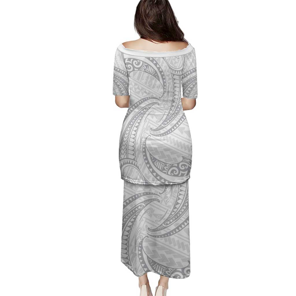 White Sunday Lotu Tamaiti Family Matching Puletasi and Hawaiian Shirt Polynesian Wave Pastel Gray - Polynesian Pride