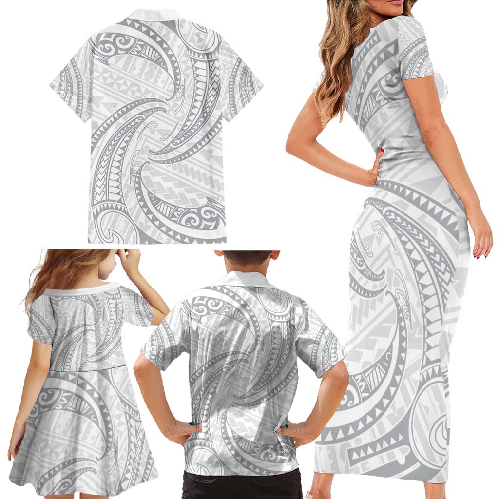 White Sunday Lotu Tamaiti Family Matching Short Sleeve Bodycon Dress and Hawaiian Shirt Polynesian Wave Pastel Gray - Polynesian Pride