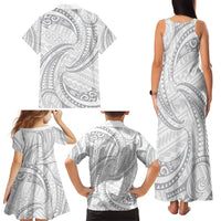 White Sunday Lotu Tamaiti Family Matching Tank Maxi Dress and Hawaiian Shirt Polynesian Wave Pastel Gray - Polynesian Pride
